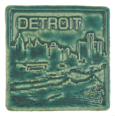 "Detroit Skyline Tile," Pewabic Pottery, 4"x4", created in the 1980s by staff artist David Ellison.